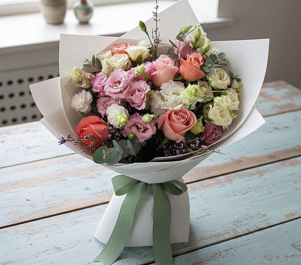 Букет цветов из: Розы, Лизиантусы и Гвоздики в Маршале Жукове