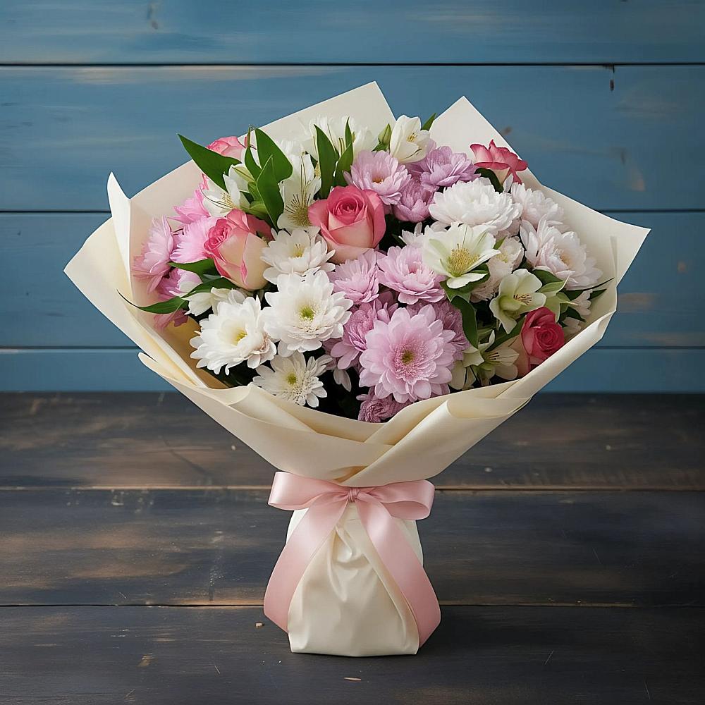 Букет цветов из: Хризантемы, Альстромерии и Розы в Маршале Жукове